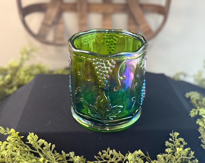 Vintage Indiana Glass green iridescent carnival glass harvest pattern jar