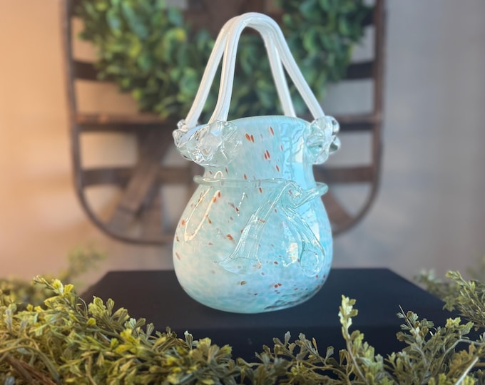 Block Crystal Sophie Glass Handbag Vase. Teal with amber accents