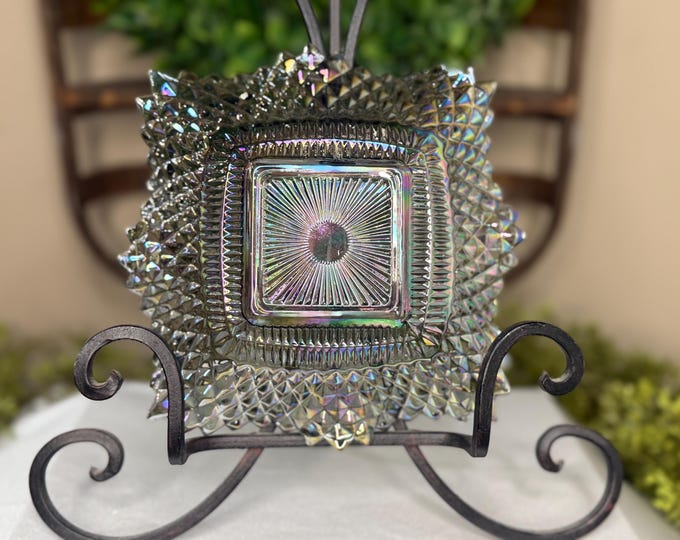 Vintage Indiana Glass ruffled  smoke gray iridescent carnival glass candy/trinket dish