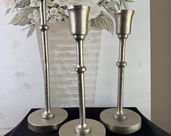 3 metal silver candle holders