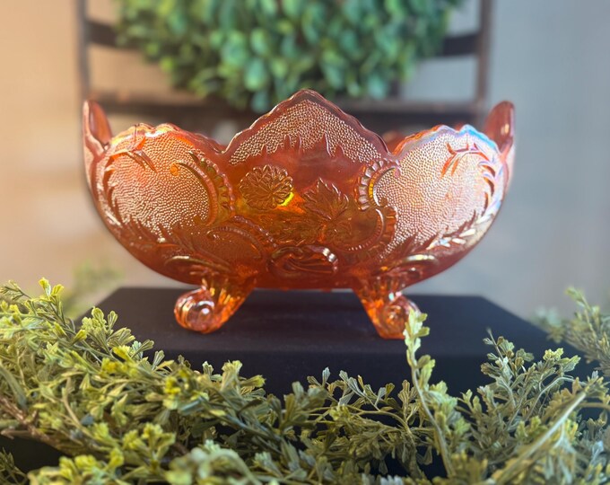 Vintage Indiana Glass orange luster depression carnival glass footed bowl