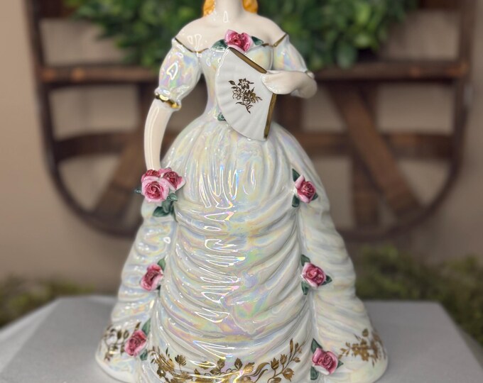 Victorian Lady with fan and Roses fine porcelain wind up music box