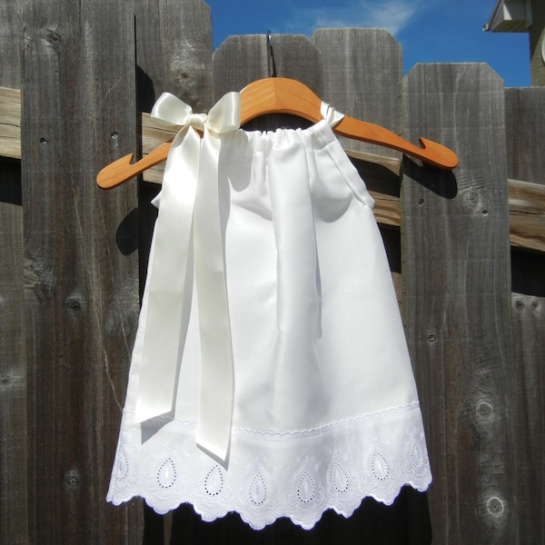 LAST ONE - White Pillowcase Dress with Scallop Lace - sizes 3m-5T.....PERFECT for flower girls, baptisms, weddings, beach pictures