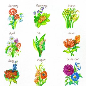 Flores de cumpleaños por mes, gráfico de flores del mes de cumpleaños, flores del mes de nacimiento, pintura de acuarela original, no es una impresión