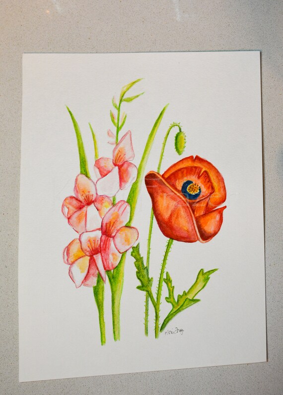 Gladiolus And Poppy August Birthday Flower Original Etsy