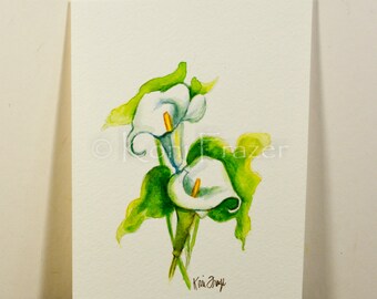 Calla Lily watercolor painting, Original watercolor flower painting, not a print, wall art, ready to frame, 5 x 7