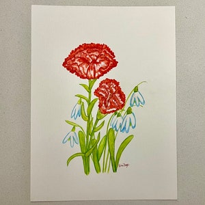 Original Watercolor Painting: Carnation & Snowdrop, January Birth Flower (9x12)