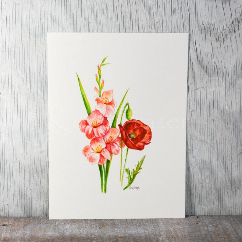 Gladiolus and Poppy August birthday flower original Etsy
