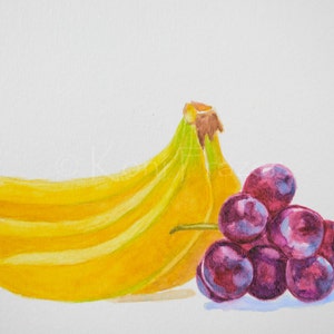 Bananas and red grapes, kitchen art, colorful home decor, fruit watercolor, original watercolor painting, not a print