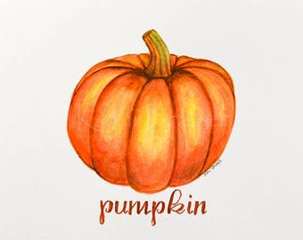 Watercolor pumpkin, kitchen art, original watercolor painting 9 x 12, not a print, ready to frame