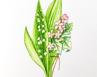 Lily of the valley and Hawthorn flowers, May birthday flower, original watercolor painting, birth month flower, birthday gift, not a print
