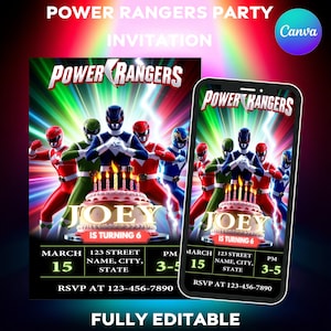 Power Rangers verjaardagsuitnodiging, Power Rangers uitnodigen, afdrukbare verjaardagsuitnodiging, verjaardagsuitnodiging voor kinderen, Canva bewerkbaar