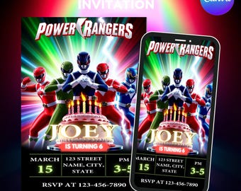 Invitación de cumpleaños de los Power Rangers: Fiesta infantil, editable en Canva
