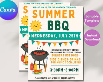 Summer BBQ Party Flyer Editable Template, DIY Cookout Invitation, Canva