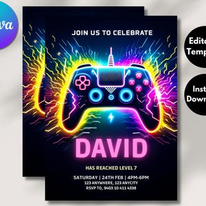 Editable Neon Game On Level Up Gaming Birthday Party Invitation, Video Game Birthday Invitation, Glow Game Party Printable Canva Template