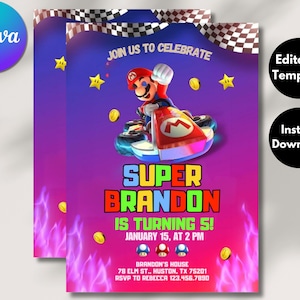 Super Mario Editable Birthday Invitation, Canva Template