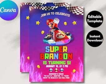 Super Mario Editable Birthday Invitation, Canva Template