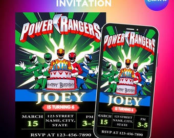 Invitación de cumpleaños de los Power Rangers: Fiesta infantil, editable en Canva