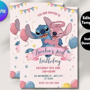 Editable Stitch Birthday Party Invitation Template, Cartoon Birthday Invitation, Stitch Birthday pool Party Invitation, Stitch Bday evite