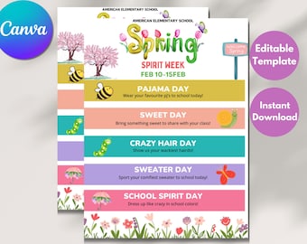 Editable Spring Spirit Week Flyer Canva Template, School Spirit Schedule