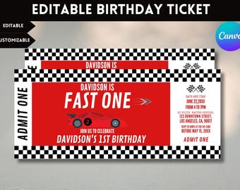 Racing 1st Birthday Ticket Invitation: Red Racecar, Editable (Digital Download)