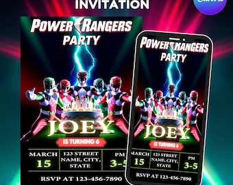 Invitación de cumpleaños de los Power Rangers: Fiesta infantil, editable en Canva