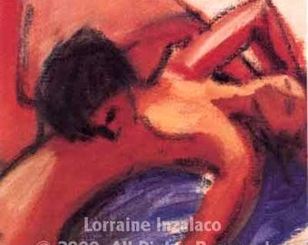 A KISS, lesbian lovers by OUT artist Lorraine Inzalaco, sensual, signed print