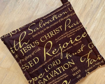 2 kitchen potholders, made of Jesus Salvation Blessed Rejoice fabric, beautiful and thick potholders with quilt batting and fleece inside