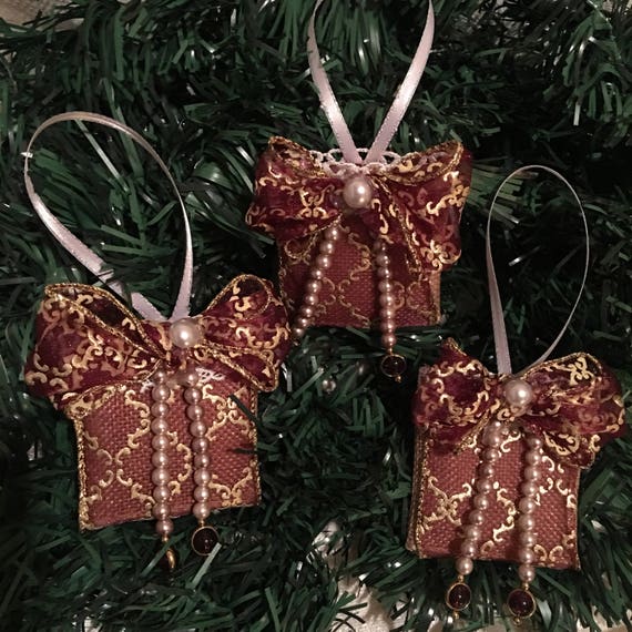 Burgundy Gold Christmas Tree Ornament Sachets Christmas Etsy