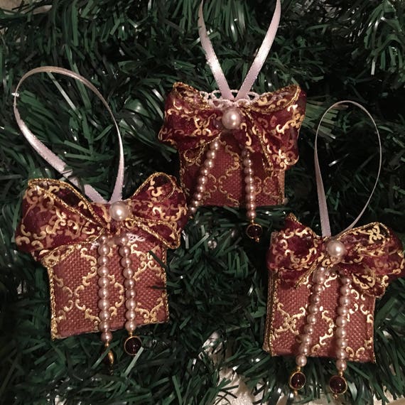 Burgundy Gold Christmas Tree Ornament Sachets Christmas Etsy