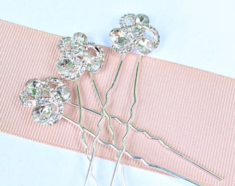 Bridal "Ribbon" Silver Crystal Stud Hair Pins Set of 3