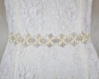 Silver and Pearl Metallic Crisscross Geometric Ornament "Antoinette" Wedding Belt