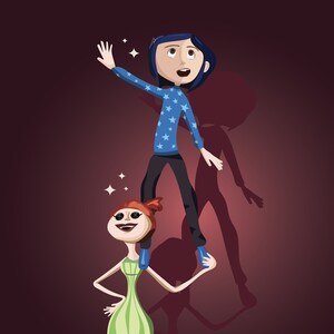 May include: Two cartoon characters, one with blue hair and a blue and white star patterned shirt standing on the shoulders of the other, who has red hair and is wearing a green dress. Both characters are smiling and looking up.