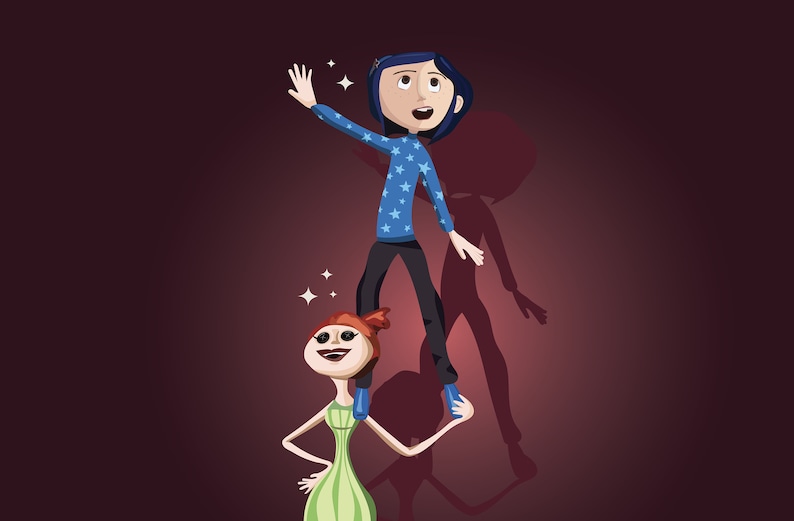 May include: Two cartoon characters, one with blue hair and a blue and white star patterned shirt standing on the shoulders of the other, who has red hair and is wearing a green dress. Both characters are smiling and looking up.