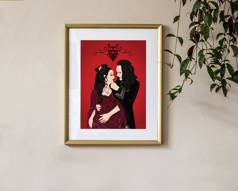 Puede incluir: Una ilustraci&oacute;n enmarcada de una pareja en un abrazo rom&aacute;ntico. El hombre lleva un traje negro y la mujer un vestido rojo. El fondo es de color rojo s&oacute;lido.