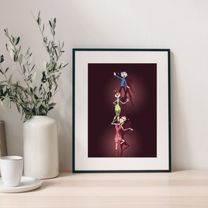 May include: Framed illustration of three cartoon figures standing on top of each other, with shadows cast on a dark red background. The figures are wearing colorful clothing and have different hairstyles.