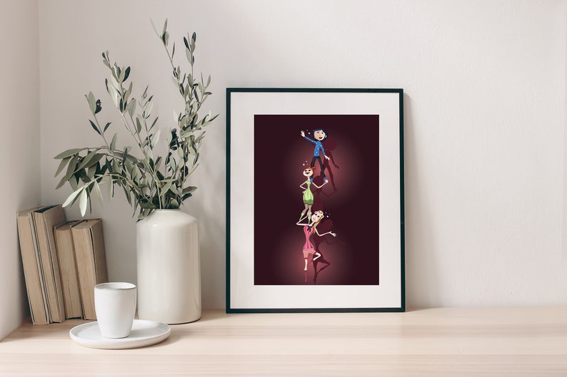 May include: Framed illustration of three cartoon figures standing on top of each other, with shadows cast on a dark red background. The figures are wearing colorful clothing and have different hairstyles.