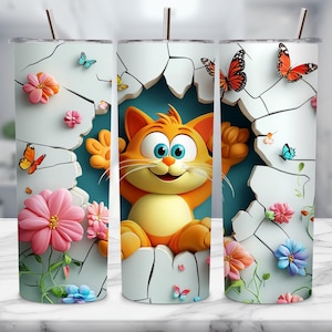 Cartoon Cat Tumbler, 3D Floral Tumbler Wrap, Cute Cat Skinny Tumbler, Butterfly Tumbler Design, 20oz Sublimation Wrap, Gift for Kids