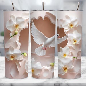 Dove Tumbler, White Orchid Tumbler, Peace Dove PNG, Floral Tumbler Wrap, 20oz Skinny Tumbler Design, Sublimation PNG, Elegant Cup, Png File