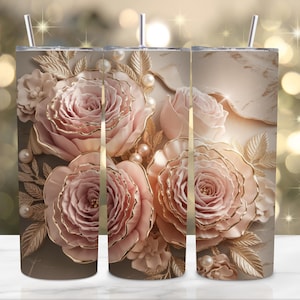 3D Pink Floral Tumbler Wrap Design for 20 oz Skinny Cups – High-Quality PNG for Sublimation, Includes Straight Layouts – Digital Download
