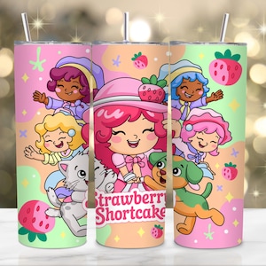 Berry Sweet Girl Cartoon Tumbler Wrap Design – Strawberry and Friends Theme, 20oz Skinny Tumbler PNG, Cute Kids Gift Wrap