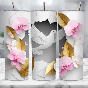 Dove Tumbler Wrap, 3D Orchid Tumbler, Peace Bird Tumbler, Floral Sublimation Tumbler, 20oz Skinny Tumbler, Gift for Her, Elegant Wrap