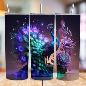 Vibrant Peacock 20oz Skinny Tumbler Wrap PNG, Colorful Feather Seamless Sublimation Design, Digital Instant Download, 300 DPI Tumbler  File