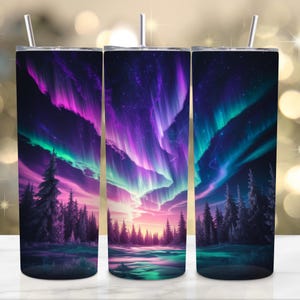 Northern Lights Tumbler Wrap | Watercolor 20oz Skinny Tumbler PNG | Aurora Borealis Sublimation Design | Night Sky Tumbler Wrap Digital File