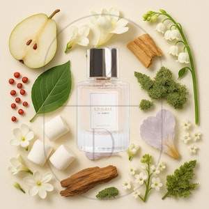 Puede incluir: Un frasco de perfume con el texto "LEDIM DE PARIS" está rodeado de una rodaja de pera, flores blancas, hojas verdes, bayas rojas, malvaviscos, virutas de madera y un pétalo. El frasco tiene una tapa plateada y un tono rosa claro.