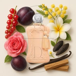 May include: A peach-colored perfume bottle with a silver cap and tassel, surrounded by a pink rose, red currants, plums, vanilla beans, wood pieces, and a white and yellow flower. The arrangement suggests a fragrance theme.