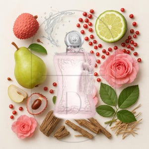 May include: A light pink perfume bottle with a clear cap, surrounded by fresh ingredients. The arrangement includes a pear, lychee, lime, pink peppercorns, rose, and wood pieces. A splash of water adds a dynamic element to the composition.