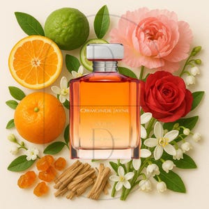 May include: An orange-colored perfume bottle with the text "ORMOND JAYNE" is surrounded by oranges, limes, flowers, and wood sticks. The perfume bottle has a silver cap and a clear label. The overall theme is a fragrance product.