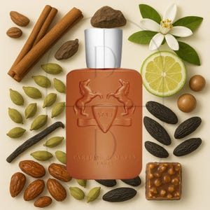 May include: A brown perfume bottle with a silver cap, surrounded by ingredients like cinnamon sticks, cardamom pods, and tonka beans. The bottle has a crest with two horses and the text "PARFUMS DE MARLY PARIS".