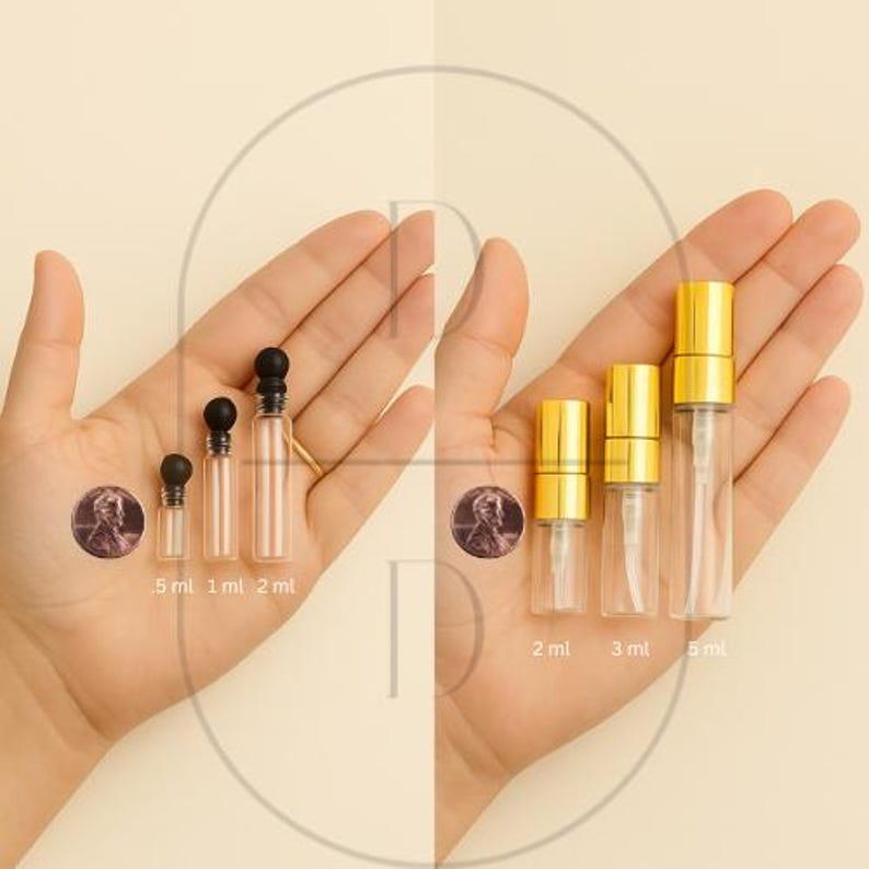 May include: Clear glass perfume bottles with black and gold caps, and gold spray tops. The bottles are labeled with their sizes: 5 ml, 1 ml, 2 ml, 2 ml, 3 ml, and 5 ml. A penny is included for size comparison.